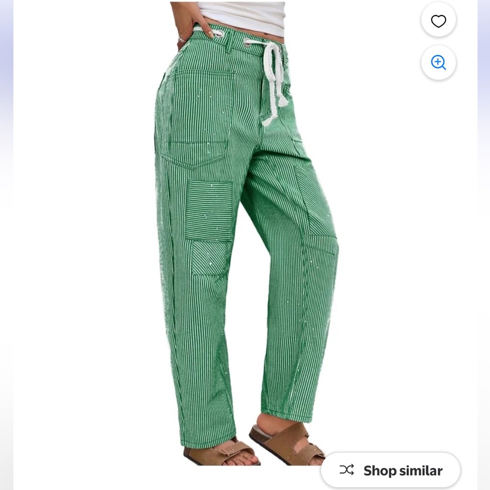 Green Striped Drawstring Patch Pocket Pants - image 2
